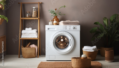 photography of a washing machine in a white empty room.