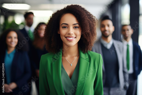 group of people standing in office, confident black woman wearing green leading corporate team with confidence