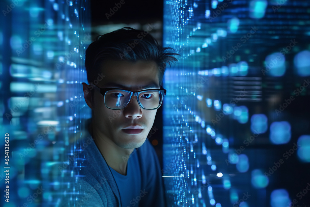 Close-up shot of a software engineer working on a computer. The code lines are reflected in front of Developers working on ecommerce innovations Close-up shot of a software engineer working on a computer. The code lines are reflected in front of Developers working on ecommerce innovations