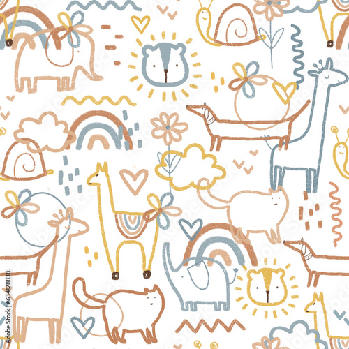 Seamless pattern cute animals. Children s pattern with animals. Drawn snail  cat  giraffe  llama  elephant  dachshund  lion. Print for textiles  clothes  packaging  wallpaper. Grainy