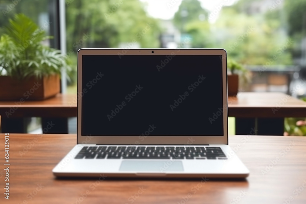Laptop Computer Blank White Screen on Table in Coffee Cafe. High quality photo Laptop Computer Blank White Screen on Table in Coffee Cafe. High quality photo