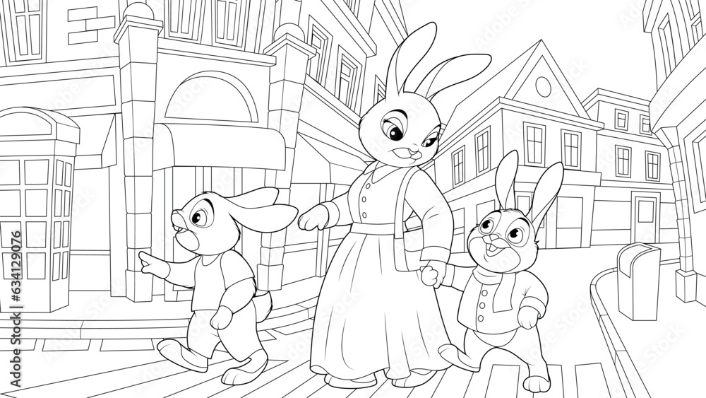Naklejka premium Vector illustration, Mom hare walks with children around the city
