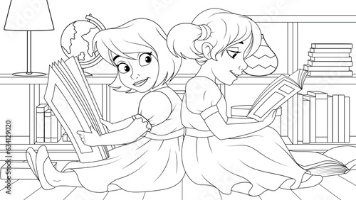Vector illustration, Two cute sister girls read books together, book coloring.