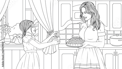 Vector illustration, daughter gives Mom a gift, helps to cook food, book coloring.
