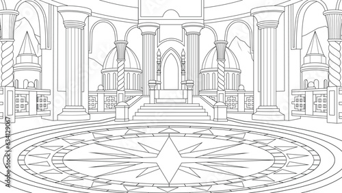 Vector illustration, big vintage fantasy library, coloring book.