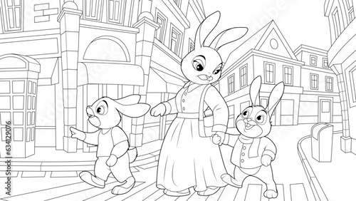 Vector illustration  Mom hare walks with children around the city