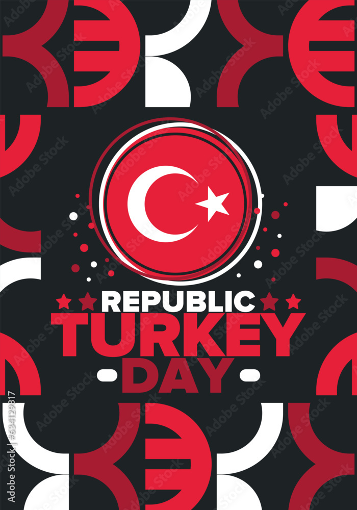 Turkey Republic Day. National happy holiday, celebrated annual in October 29. Turkish flag. Patriotic elements. Poster, card, banner and background. Vector illustration