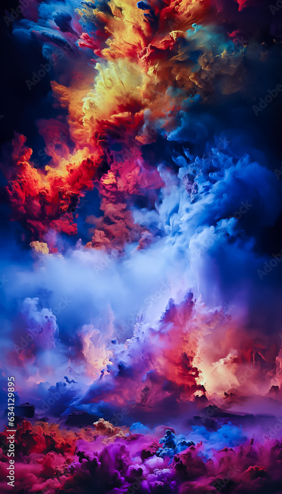 Colorful explosions of purple, red, blue, yellow, smoke futuristic background . Fantasy sky with colorful clouds texture. Backdrop for fairytale, Halloween horror card. Armageddon video game backdrop