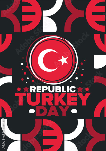 Turkey Republic Day. National happy holiday  celebrated annual in October 29. Turkish flag. Patriotic elements. Poster  card  banner and background. Vector illustration