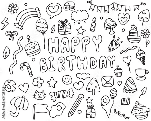 hand drawn icons set doodle happy birthday 
