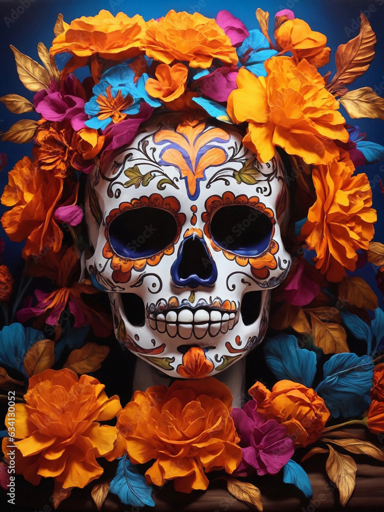 Scull decorated with marigold flowers,  Dia De Los Muertos or Day of the Dead Celebration. Mexican Traditional Festive.
