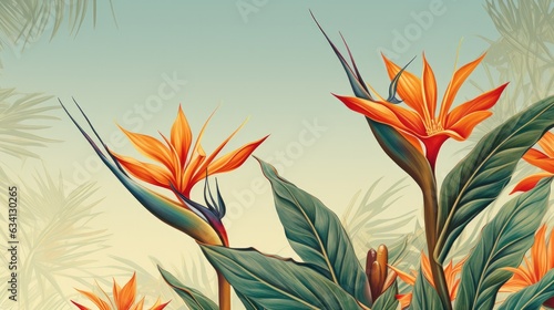 a horizontal image of Strelitzia, Bird-of-Paradise as background for mock-up, and a product presentation with space for copy in a Commercially-themed image as a JPG horizontal format. Generative AI