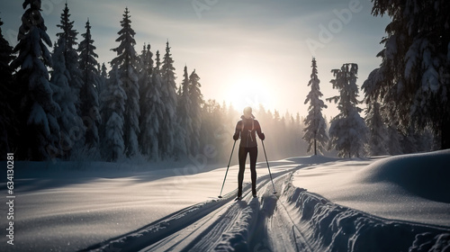Cross Country Skier, outdoors in the snow during winter. Concept of winter sports and activities. Young woman skiing. Shallow field of view.