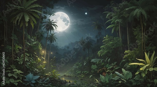 Moonlight casts its enchanting embrace upon a serene green forest  conjuring a scene of ethereal beauty