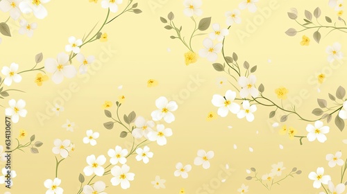 a horizontal image of graphic white flowers on a pale yellow background for mock-up  and product presentation in a Commercially-themed image as a JPG horizontal format. Generative AI