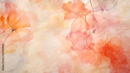 a horizontal image of pressed translucent light pink flowers on rice paper as a background in a Floral-themed image as a JPG horizontal format. Generative AI © Purple Penguin GFX