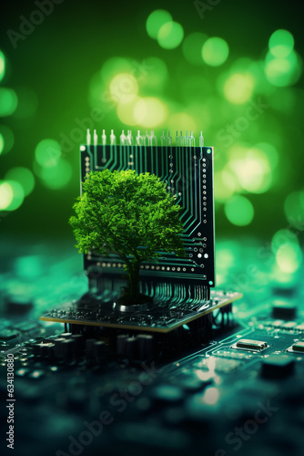 Tree growing on the converging point of computer circuit board. Green computing, Green technology, Green IT, CSR, and IT ethics. Concept of green technology. Environment green technology. High quality