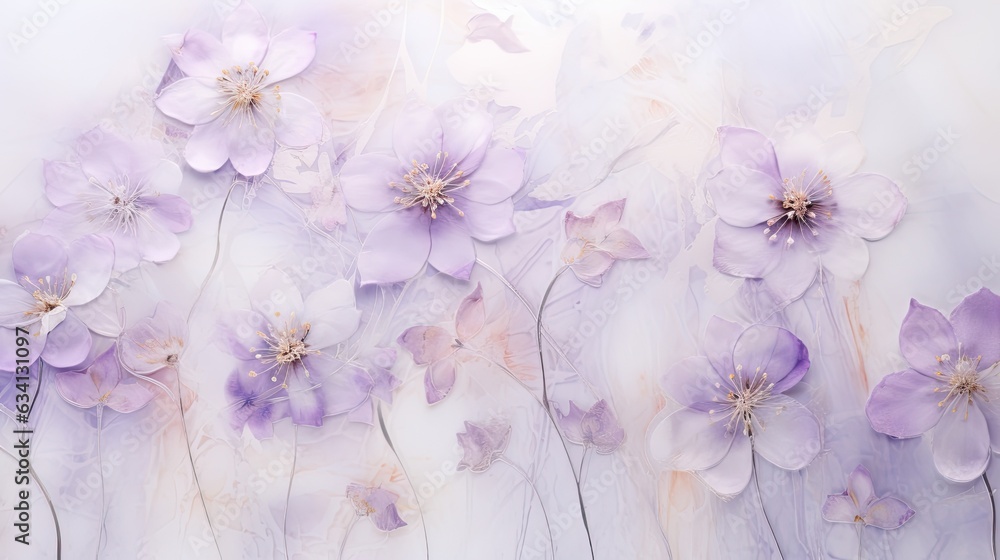 describing a horizontal image of pressed translucent light purple flowers on rice paper as a background in a Floral-themed image as a JPG horizontal format. Generative AI describing a horizontal image of pressed translucent light purple flowers on rice paper as a background in a Floral-themed image as a JPG horizontal format. Generative AI