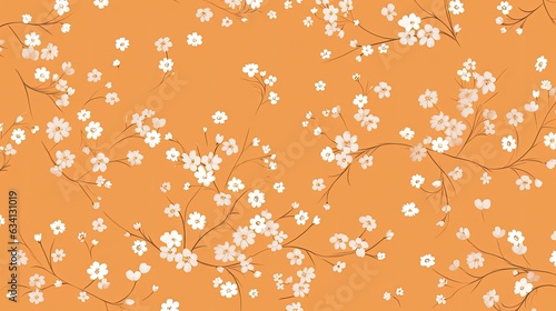 a horizontal image of graphic white flowers on a orange background for mock-up, and produt presentation in a Commercially-themed image as a JPG horizontal format. Generative AI photo