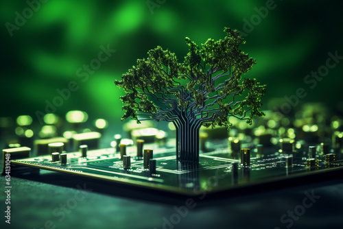 Tree growing on the converging point of computer circuit board. Green computing, Green technology, Green IT, CSR, and IT ethics. Concept of green technology. Environment green technology. High quality