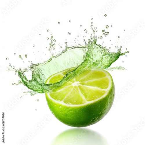 Lime in splashes. Falling of green lime with water splash isolated on white background 