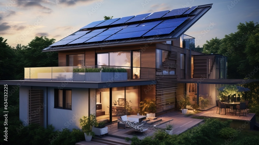 Solar panels on the roof of modern building. Created using generative AI technology. Solar panels on the roof of modern building. Created using generative AI technology.