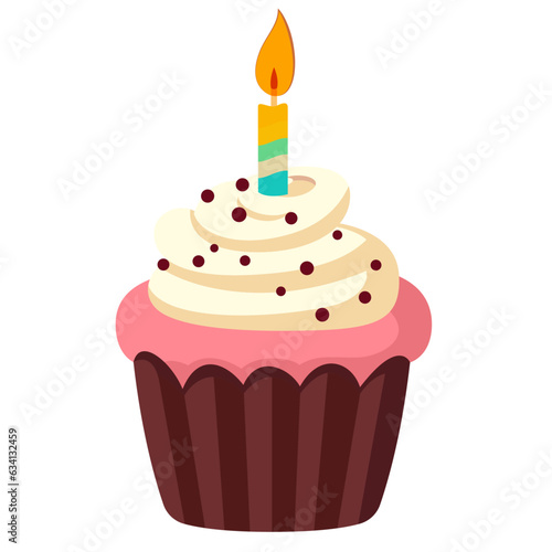 birthday cupcake flat style stock vector image, Birthday cupcake with a candle on it stock vector image