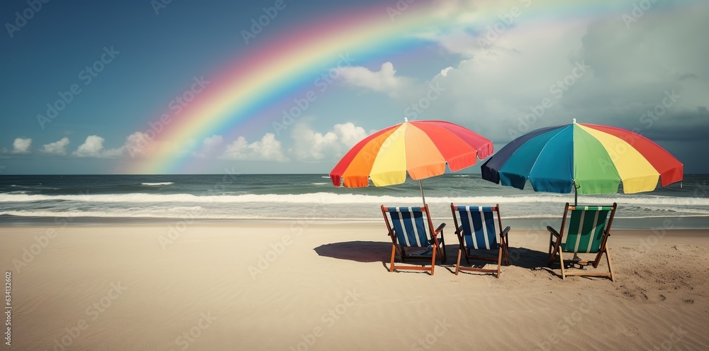 Beach chairs and umbrella against rainbow over ocean in seascape