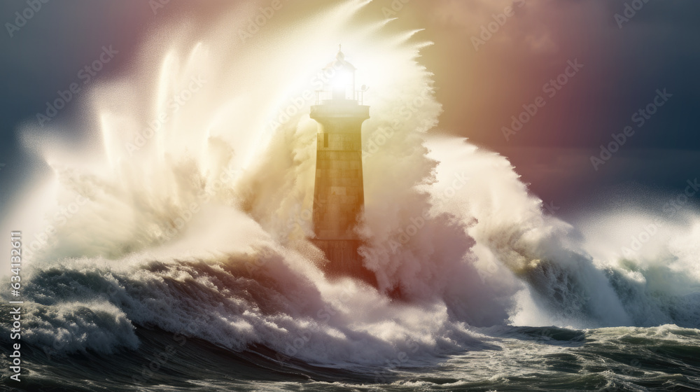 Large lighthouse and storm-filled, large waves hitting the lighthouse ...