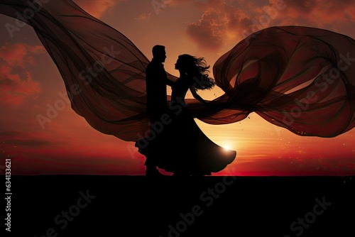 Silhouette man and woman in love. silk dress, background nature beach
