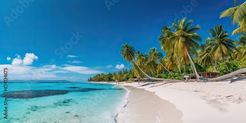 Beautiful beach banner. White sand and coco palms travel tourism  ,blue sky  , Generative AI photo