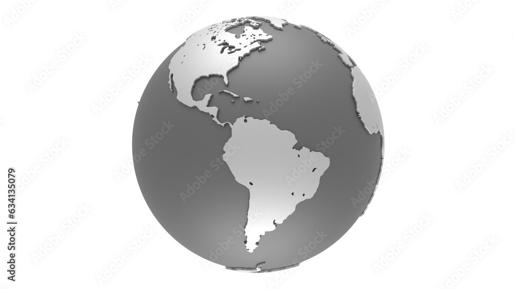 planet 3d rotating globe illustration, world map metallic grey colour. can be used to represent business communications, earth day, gps or geographical hemisphere