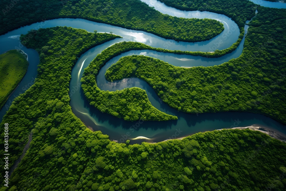 An aerial view of a river in the forest, generative AI An aerial view of a river in the forest, generative AI