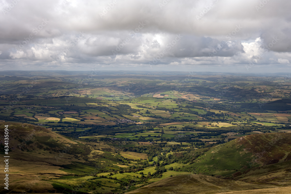 View from Pen y Fan in summer in the Brecon Beacon or the Bannau Brycheiniog national park, Powys, Wales