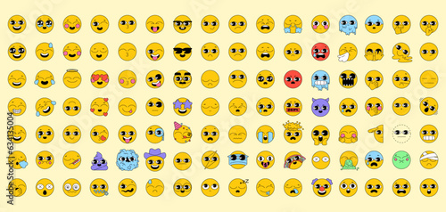 Big set of emoticons. Vector pack in line art style. Vintage icons sticker label in 70s, 80s, 90s style. Collection of happy, smile, laugh, joyful, sad, angry and crying faces