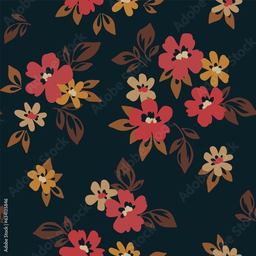 Seamless floral pattern, liberty ditsy print with simple fall botany. Vintage botanical design, hand drawn ornament: small flowers, tiny leaves on a dark brown background. Vector illustration.