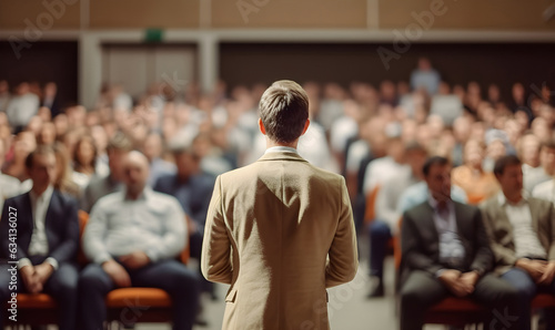 A Businessman speaking a talk on corporate business conference with defocused blurred audience. Business and entrepreneurship event. Speaker giving speech to audience in conference hall auditorium.