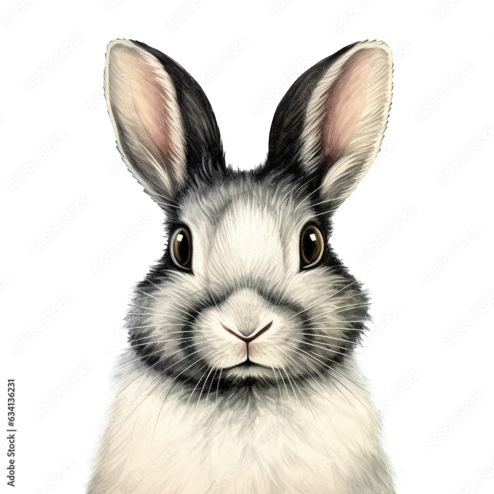Fototapeta premium Colored pencils were used to draw a white rabbit with brown eyes on transparent background paper