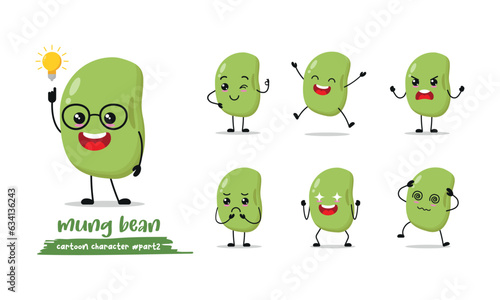 Mung bean cartoon with many expressions. different bean activity vector illustration flat design. smart mungbean for children story book.