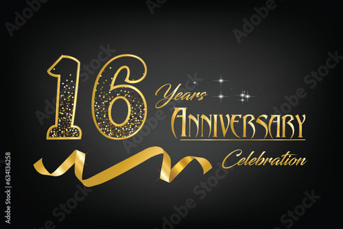 Celebrate the 16th anniversary with gold letters, gold ribbons and confetti on a dark background