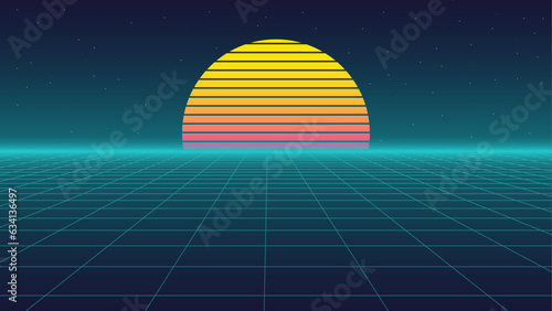  80s Retro Sci-Fi Background Futuristic Grid landscape. Digital cyber surface style of the 1980`s. Double infinite grid and lights forward. Synthwave wireframe net illustration. 80s, 90s cyber grid 