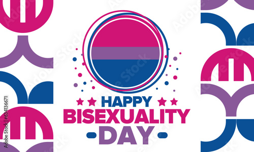 Happy Bisexuality Day. Bisexual Pride and Bi Visibility Day. Bisexual flag. Coming out. Celebrated annual in September 23. Festival and parade. Poster, card, banner, template, background. Vector