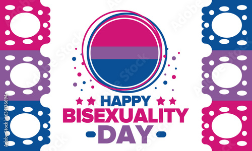 Happy Bisexuality Day. Bisexual Pride and Bi Visibility Day. Bisexual flag. Coming out. Celebrated annual in September 23. Festival and parade. Poster, card, banner, template, background. Vector