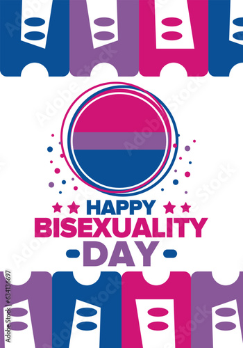 Happy Bisexuality Day. Bisexual Pride and Bi Visibility Day. Bisexual flag. Coming out. Celebrated annual in September 23. Festival and parade. Poster, card, banner, template, background. Vector