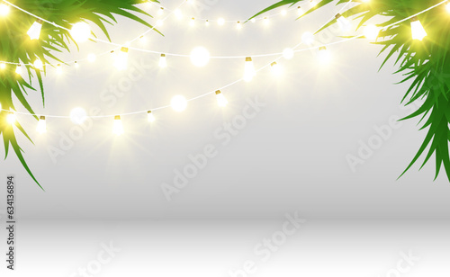 Christmas bright, beautiful lights, design elements. Glowing lights for design of Xmas greeting cards. Garlands, light Christmas decorations. 