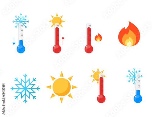 Vector hot and cold temperature thermometers with sun and snow, up and down symbols. Celsius and Fahrenheit. Vector illustration in flat style.