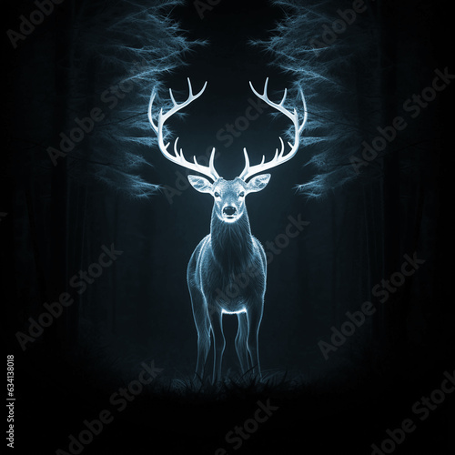 Deer with antlers in the night, silhouetted stag in the dark forest, venison in the style of illusory wallpaper portraits, wildlife in infra-red, holographic animal in x-ray holography photo