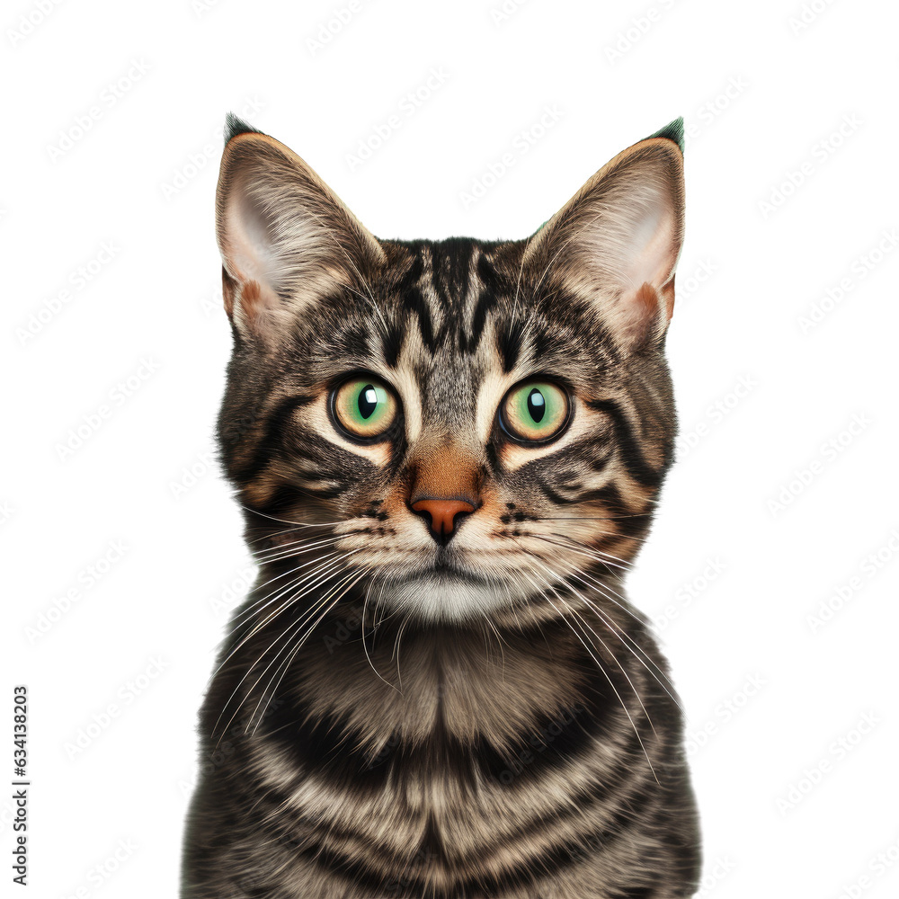 Isolated tabby cat with green eyes on transparent background