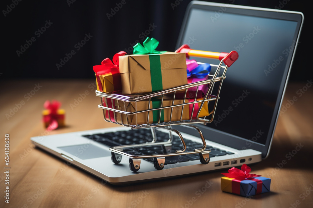 Black Friday Sale and Online Shopping Concepts, Mini Shopping Cart Carrying With Multi Colored Gift Box in a troley online shopping. High quality photo