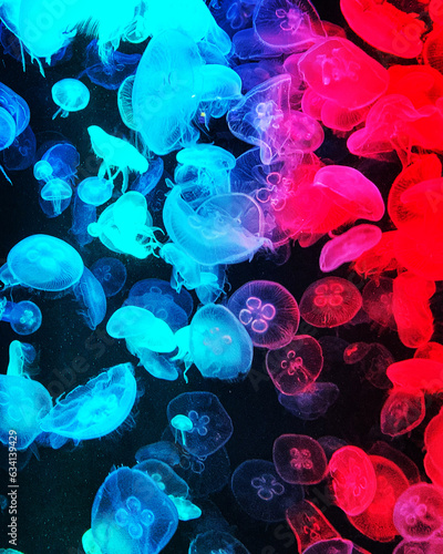 Blue and red light on jellyfish